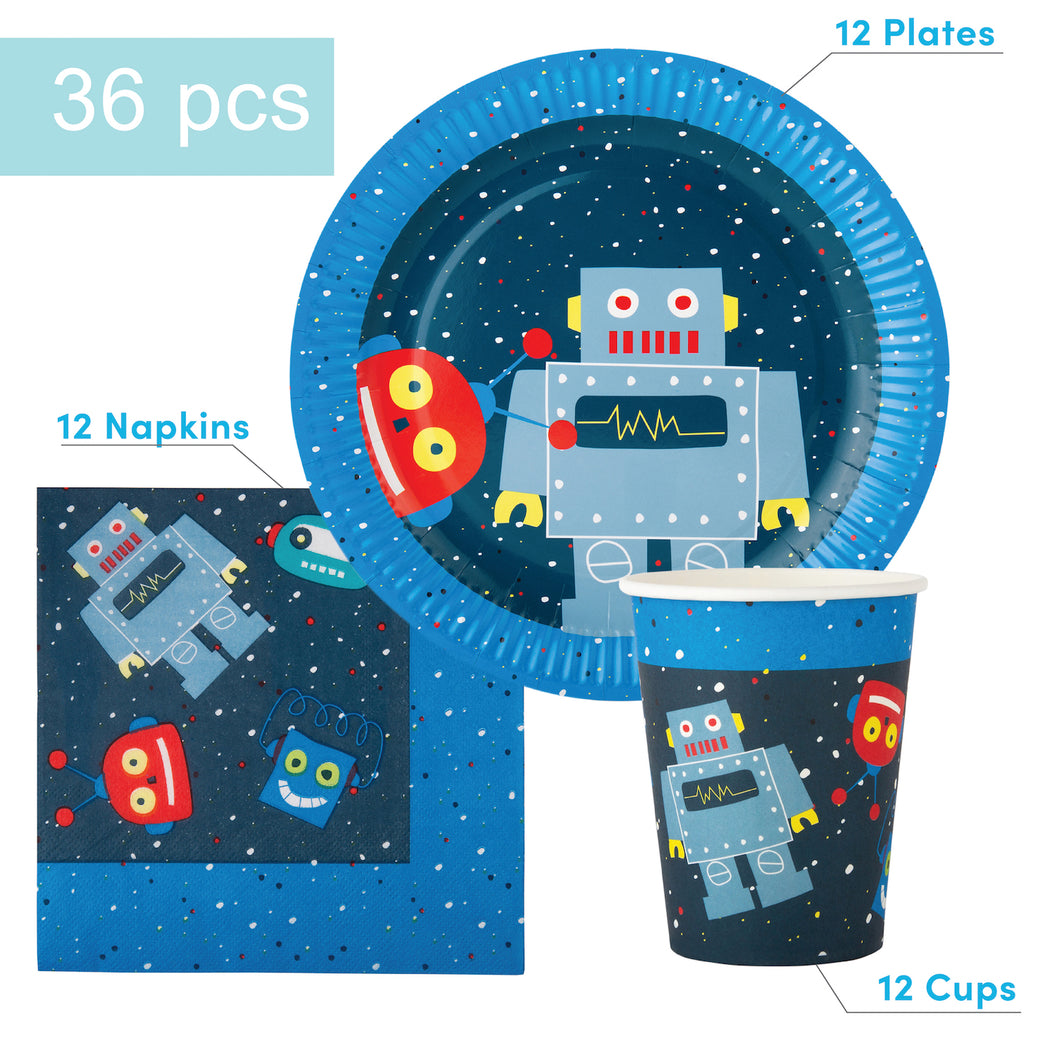 Robot Party Supplies Set - 36 pcs Plates, Cups & Napkins